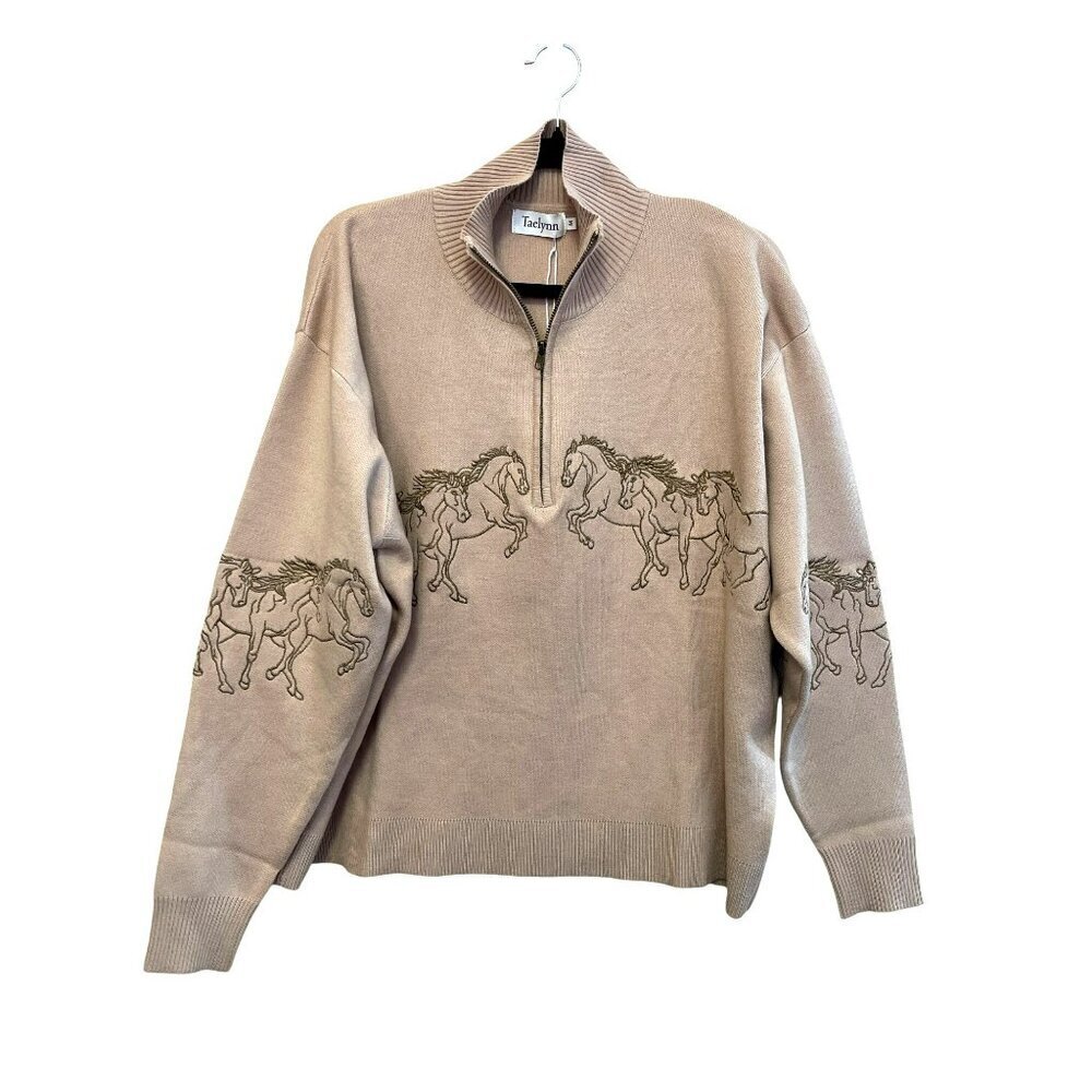 Taelynn Beige Quarter-Zip Sweater Embroidered Running Horses Medium New - Picture 2 of 6